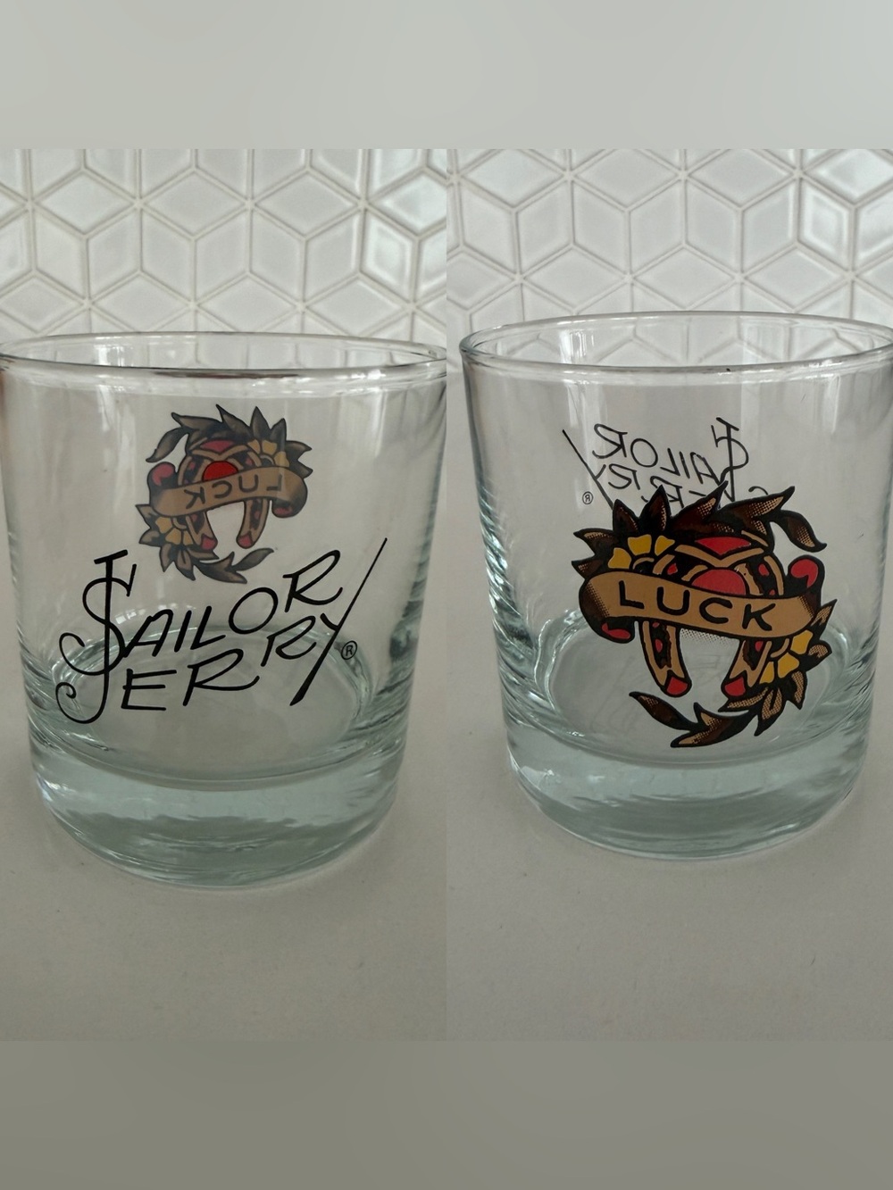 SAILOR JERRY Tattoo Lowball Glass Cocktails Luck Horseshoe Barware Rocks Edgy